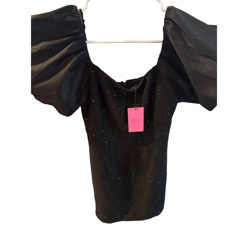 THML Black Shimmer Mini Dress Puff Sleeve Sweetheart Neck Metallic XS NEW